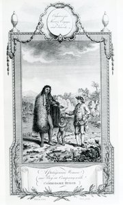 Patagonialainen nainen ja poika kommodore Byronin seurassa, kuva otettu Moores Voyages and Travelsista, 1778 tekijältä English School
