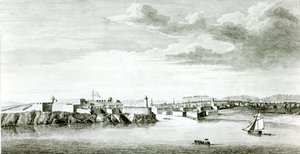 Näkymä Moron linnaan ja Havannan kaupunkiin mereltä, Pierre Charles Canotin kaiverrus Britannian laivaston upseerin piirustuksesta, 1818 tekijältä English School