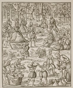 Kuninkaallinen piknik, George Turbervillen Noble Art of Venerie and Hunting -lautanen, 1575 (seepiakuva) tekijältä English School