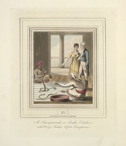 Saumpareeah tai käärmeensieppaaja, joka esittelee käärmeitä eurooppalaisten edessä, n. 1824 (väri litho) tekijältä English School
