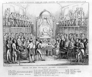 Luonnos sisäkuvasta House of Lordsista, joka edustaa hänen majesteettinsa kuningatar Carolinen oikeudenkäyntiä, pub. 1820 (b/w kaiverrus) tekijältä English School