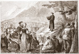 Sveitsiläinen uskonpuhdistaja saarnaamassa laumalleen avoimella kentällä, esimerkki James Aitken Wylien (1808-1890) teoksesta The History of Protestantism, pub. 1878 tekijältä English School