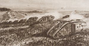 Panssarihyökkäys Cambraissa, Ranskassa, esimerkki H.G. Wellsin teoksesta "The Outline of History", osa II, julkaistu vuonna 1920 tekijältä English School