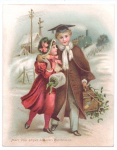 Viktoriaaninen joulukortti pojasta, joka pukeutuu laastilevyyn kädessään lumessa kävelevän tytön ympärillä, n. 1880 (väri litho) tekijältä English School