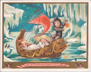 Viktoriaaninen joulukortti tyttökeijusta, joka nukkuu koristeellisessa delfiiniveneessä jäätyneellä merellä, kun poikakeiju pitelee lamppua, n. 1880 (väri litho) tekijältä English School