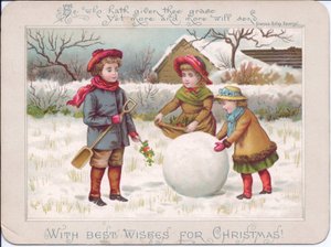 Viktoriaaninen joulukortti, jossa kolme lasta leikkii suurella lumipallolla, n.1880 (värilitografia). tekijältä English School