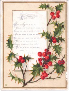 Viktoriaaninen joulukortti, jossa on suuri holly-suihke ja säe, noin 1880 tekijältä English School