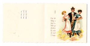 Viktoriaaninen onnittelukortti herrasmiehestä, jossa on kaksi piikaa, noin vuodelta 1880 tekijältä English School