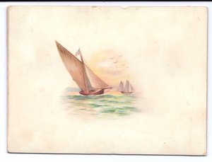 Viktoriaaninen uudenvuoden kortti, jossa jahdit purjehtivat kuunvalossa, n. 1895 tekijältä English School