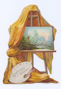 Viktoriaaninen muotoon leikattu kortti, jossa on maalaus taiteilijan maalaustelineellä, jonka päällä on verho, n. 1880 (värilitografia). tekijältä English School