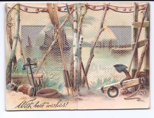 Viktoriaaninen onnittelukortti purjelaivoista nähtynä sideverkon läpi, n. 1880 tekijältä English School