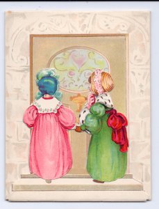 Viktoriaaninen onnittelukortti kahdesta konepeltipäällään olevasta lapsesta, jotka ovat astumassa sisään etuovesta, n. 1880 (väri litho) tekijältä English School