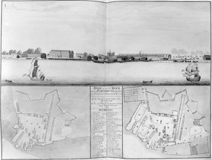 Näkymä His Majestysin telakasta Portsmouthissa otettuna vastapäätä New Dockia, 1698 tekijältä English School