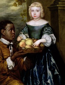 Nuorelle tytölle palvelija tarjosi hedelmäkorin, n. 1650 tekijältä English School