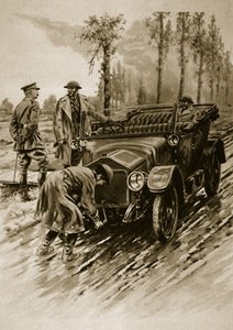 Naisarmeijan apujoukon kuljettaja käynnistää upseeriauton moottorin, 1914-19 tekijältä English School
