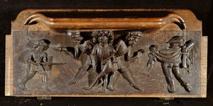 Vioittunut kurjuusormi, joka kuvaa kolmea miestä taistelemassa tikareilla ja miekoilla, New College Chapel, Oxford, 1300-luvun loppu (puuta)