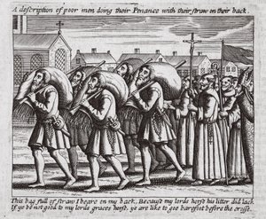 Kuvaus köyhistä miehistä, jotka tekevät katumusta oljet selässään, John Foxen kuvitus teoksesta Apostolien teot ja monumentit, yhdeksäs painos, pubi. 1684 tekijältä English School
