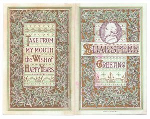 Etu- ja takakannen viktoriaaninen onnittelukortti William Shakespearen kuvasta, n. 1880 (värilitho) tekijältä English School