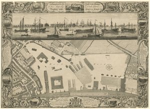 Geometrinen suunnitelma ja koilliskorkeus His Majestys Dock Yardista Deptfordissa ja osa kaupunkia