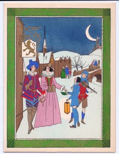Käsinvärinen ranskalainen pochoir-joulukortti Tudor-skenestä katumuusikoista, jotka palkitaan esityksestään, noin 1920 tekijältä English School