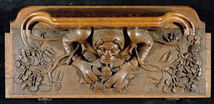 Kurjuusormi, joka kuvaa ogrea, jolla on valtavat hartiat, New College Chapel, Oxford, 1300-luvun loppu (puuta)