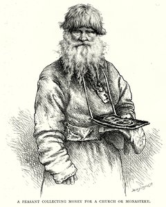 Talonpoika kerää rahaa kirkolle tai luostarille (kaiverrus). tekijältä English School