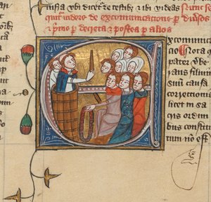 Pappi kiroaa ihmisiä nostamalla kynttilän, Royal MS 6 E VII, f.75v (vellum). tekijältä English School
