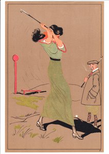 Printti kahdesta golfaajasta koomissa ja humoristisissa asennoissa, n. 1920 tekijältä English School