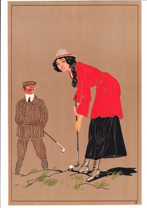 Printti kahdesta golfaajasta koomissa ja humoristisissa asennoissa, n. 1920 tekijältä English School