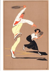 Vetos kahdesta tennispelaajasta koomisissa ja humoristisissa asennoissa, n. 1920 tekijältä English School