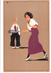 Vetos kahdesta tennispelaajasta koomisissa ja humoristisissa asennoissa, n. 1920 tekijältä English School
