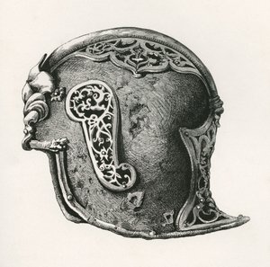 Sallet, eli salade- tai schaller-sotakypärä, A.D. 1450, British Army: Its Origins, Progress and Equipment, julkaistu 1868. tekijältä English School