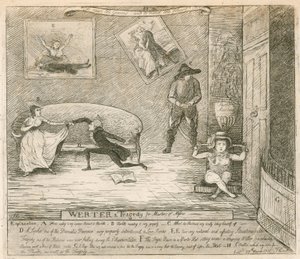 Kohtaus F Reynoldssin burleski Werteristä, joka esitettiin ensimmäisen kerran Covent Garden Theatressa Lontoossa 14. maaliskuuta 1786 tekijältä English School