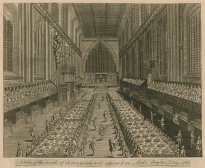 Näkymä Guildhallista Lontoossa, sellaisena kuin se oli Lord Mayors Day -päivänä vuonna 1761 tekijältä English School