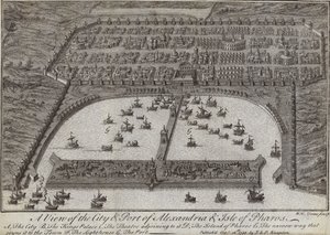 Näkymä Aleksandrian kaupunkiin ja satamaan sekä Pharoksen saarelle, Egyptiin, 1738 tekijältä English School