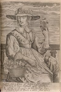 Nainen kukkien kanssa, piirros Sir John Daviesin teoksesta "A Work for none but Angels and Men", painettu 1653 (litho) tekijältä English School