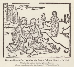 Onnettomuus St Lydwinalle, luistelijoiden suojeluspyhimykselle, vuonna 1396 (litho) tekijältä English School