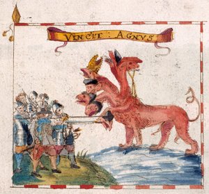 Lisätä. 12447, f.23v Parlamentin sotilaat hyökkäämässä Apokalypsin pedon kimppuun, teoksesta "Parlamentaaristen komentajien bannerit" (kynä ja muste akvarellilla paperilla) tekijältä English School