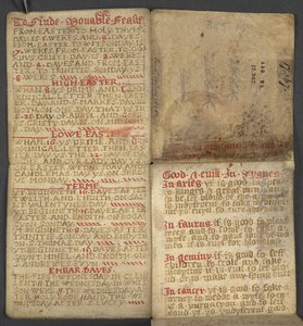 Lisätä. 17367, f.1r Almanakista, joka sisältää taulukon dominikaalisista kirjaimista ja kultaisista numeroista; ohjeet liikkuvien juhlien löytämiseen; pyhien kalenteri, aikakaudet, luettelo Englannin hallitsijoista, sääennusteet, horoskooppimerkkien vaikut tekijältä English School