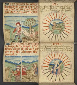 Lisätä. 17367, f.6r Leo & Virgo, Almanakista, sisältää taulukon dominikaalisista kirjaimista ja kultaisista numeroista; ohjeet liikkuvien juhlien löytämiseen; pyhien kalenteri, aikakaudet, luettelo Englannin hallitsijoista, sääennusteet, aikakausien merkki tekijältä English School