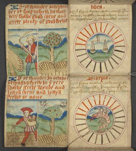 Lisätä. 17367, f.7r Libra & Scorpio, Almanakista, sisältää taulukon dominikaalisista kirjaimista ja kultaisista numeroista; ohjeet liikkuvien juhlien löytämiseen; pyhien kalenteri, aikakaudet, luettelo Englannin hallitsijoista, sääennusteet, merkkien vaiku tekijältä English School