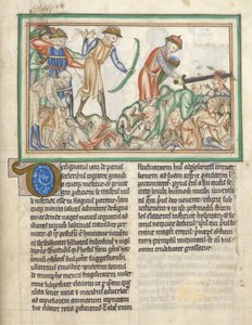 Lisää 35166 f.35 Ihmisiä tapetaan, Raamatun kohtauksia Pyhän Johanneksen maailmanlokasta, Apocalypse latinaksi kommenteilla (muste ja väri perhokalvolla) tekijältä English School