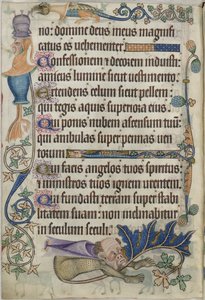 Lisätä. 42130, f.182v Psalmi 103, groteskeilla, "Luttrell Psalter", n. 1325-35 (vellum) tekijältä English School