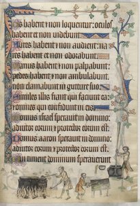 Lisätä. 42130, f.207 Ruoan valmistus ja kypsennys, kuva Luttrell Psalterista, n. 1325-35 (vellum) tekijältä English School