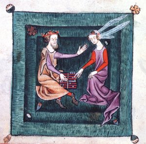 Lisää 42130 fol.76v Kuningas ja nainen, jotka istuvat puutarhassa ja pelaavat backgammonia muistuttavaa lautapeliä Luttrell Psalterista, aloitettiin ennen vuotta 1340 Sir Geoffrey Luttrellille (vellum) tekijältä English School