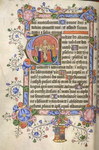 Lisätä. 42131 fol.151v Psalmin 80 alku; alkukirjain "E": Daavidin ja Michalin avioliitto, molemmat kruunattiin, Bedford Psalter and Hoursista tekijältä English School