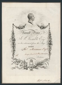 Pääsylippu illalliselle John Kemblesin jäähyväisten kunniaksi lavalle, 1819