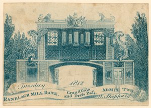 Pääsylippu suureen gaalaan ja pukuballiin Ranelagh Gardensissa, Millbankissa, Lontoossa. 1812 tekijältä English School