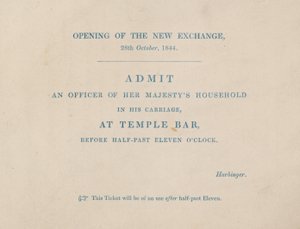 Pääsylippu uuden Royal Exchangen avajaisiin Lontoossa 29. lokakuuta 1844 tekijältä English School