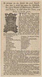Mainos Edward Pinchbeckistä, Musical Clock, Fleet Street, Lontoo, vuodelta 1734 tekijältä English School
